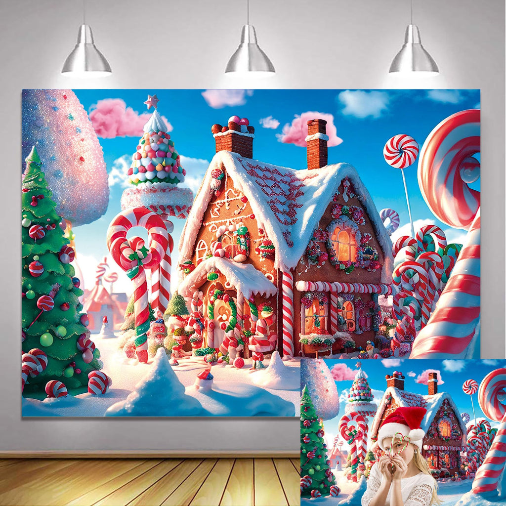 7x5FT Christmas Candy Town Backdrop gingerbread house studio display
