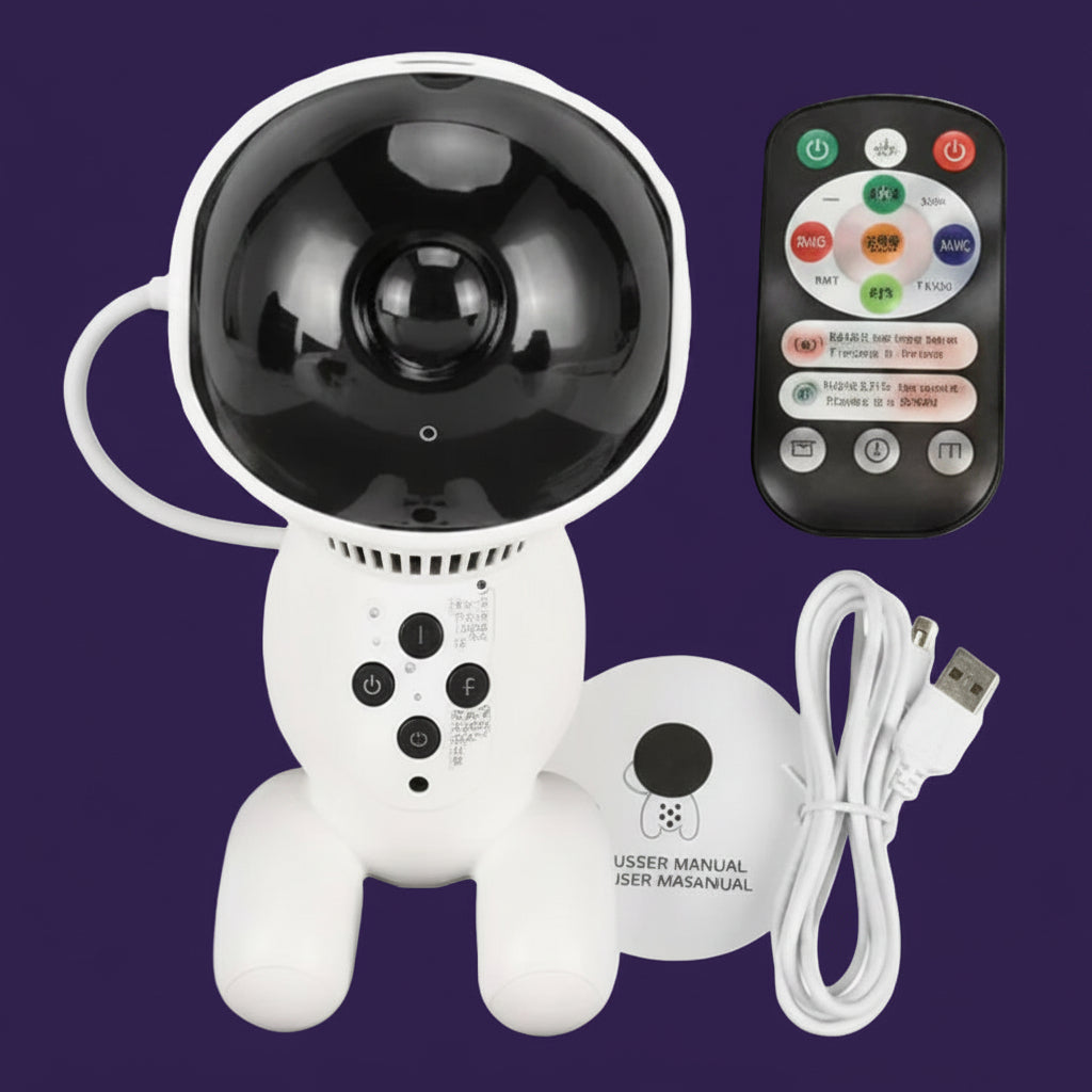 Astronaut Galaxy Star Projector - Flat-lay layout with remote and manual