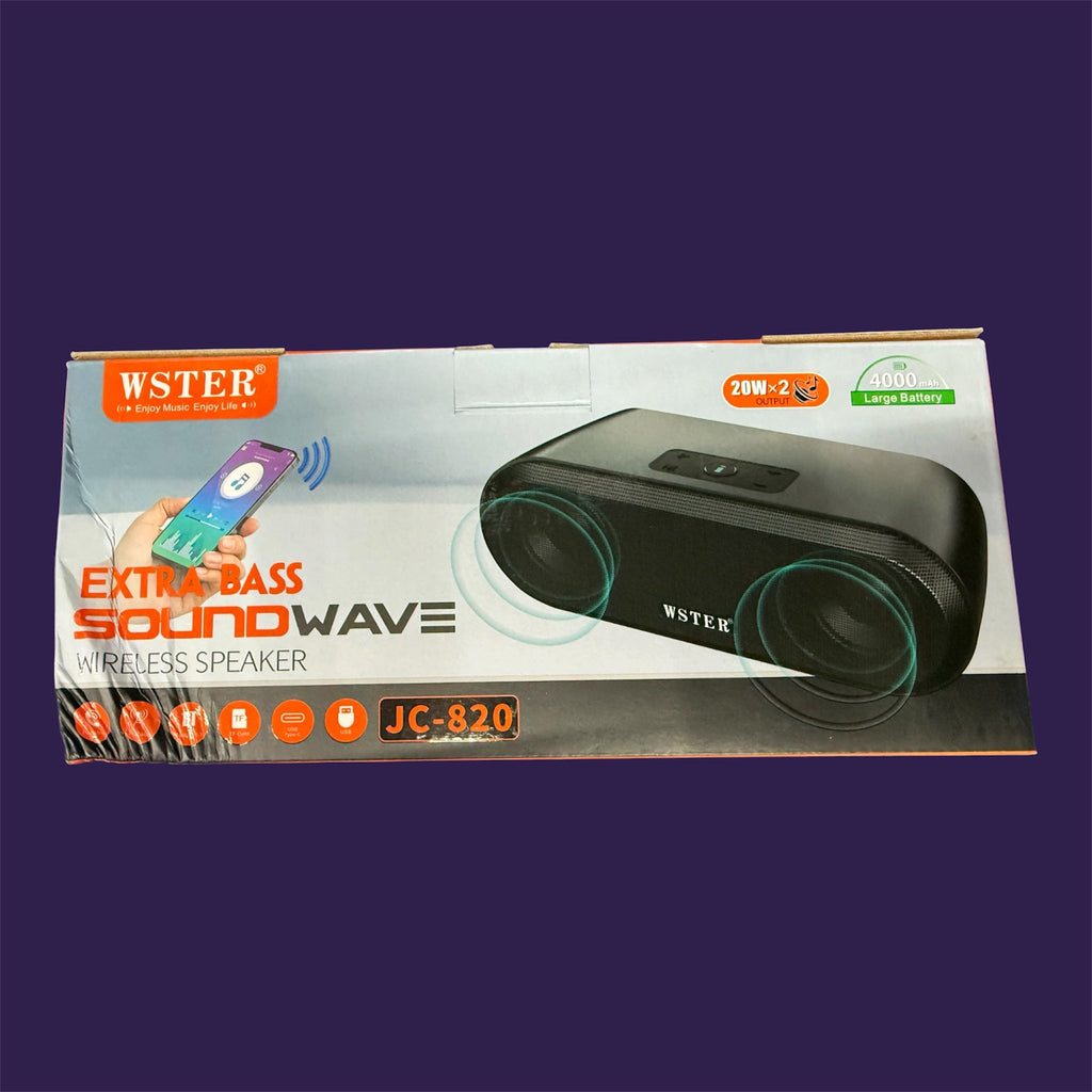 WSTER JC-820 rectangular black wireless speaker in its packaging highlighting 4000mAh battery