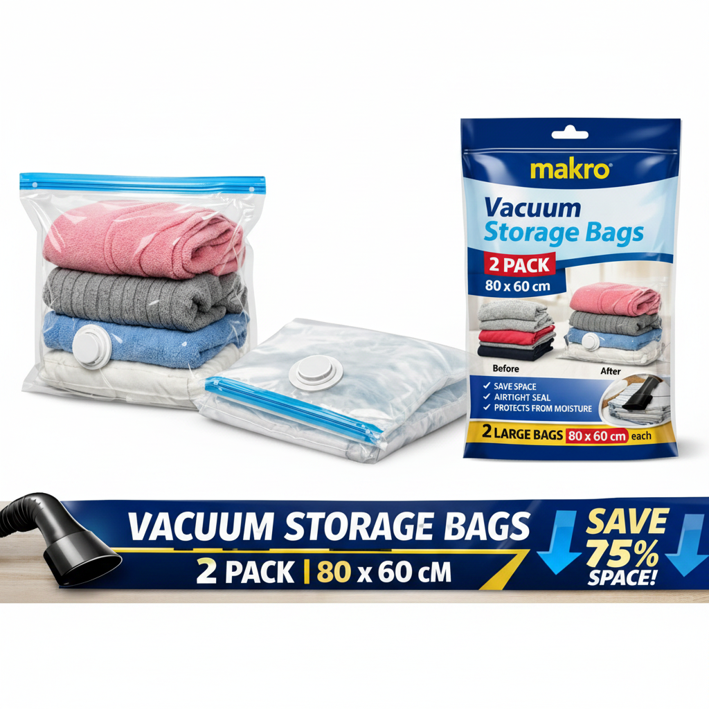 Vacuum Storage Bags 2pack 80x60cm - Makro brand 2-pack before and after compression comparison