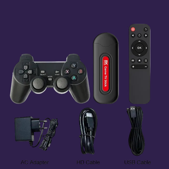 Q9 Pro Game TV Stick 8K HDMI dongle and console kit components on dark violet backdrop
