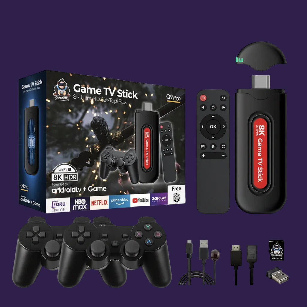Q9 Pro Game TV Stick 8K Ultra HD streaming player with dual wireless controllers on violet background