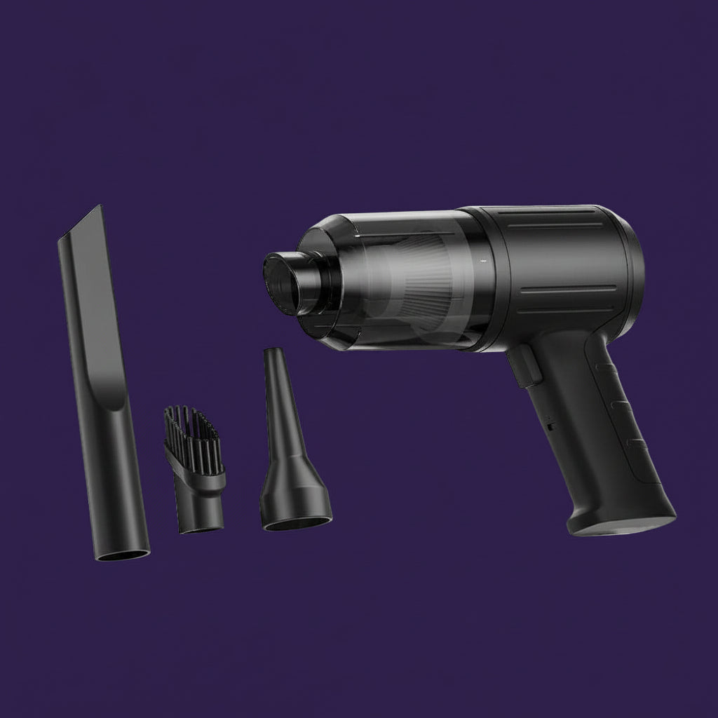 Black handheld vacuum cleaner with four interchangeable attachment nozzles, shown on a plain white background.