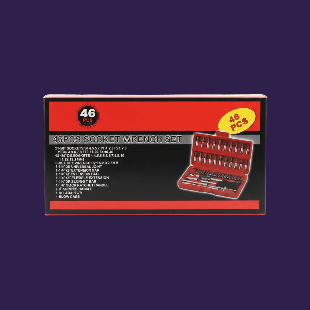 Box of 46-piece socket wrench set on a white background