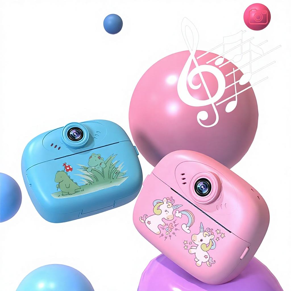 Two small toy cameras with rounded rectangular shapes, one light blue and one pink, decorated with cartoon illustrations. The blue camera shows a green dinosaur and grass, and the pink camera shows two white cartoon animals with a rainbow and flowers.