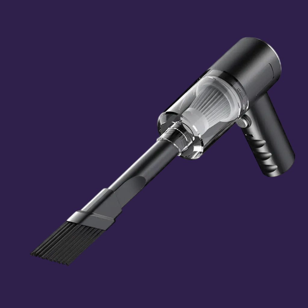Handheld vacuum cleaner with brush attachment on a white background