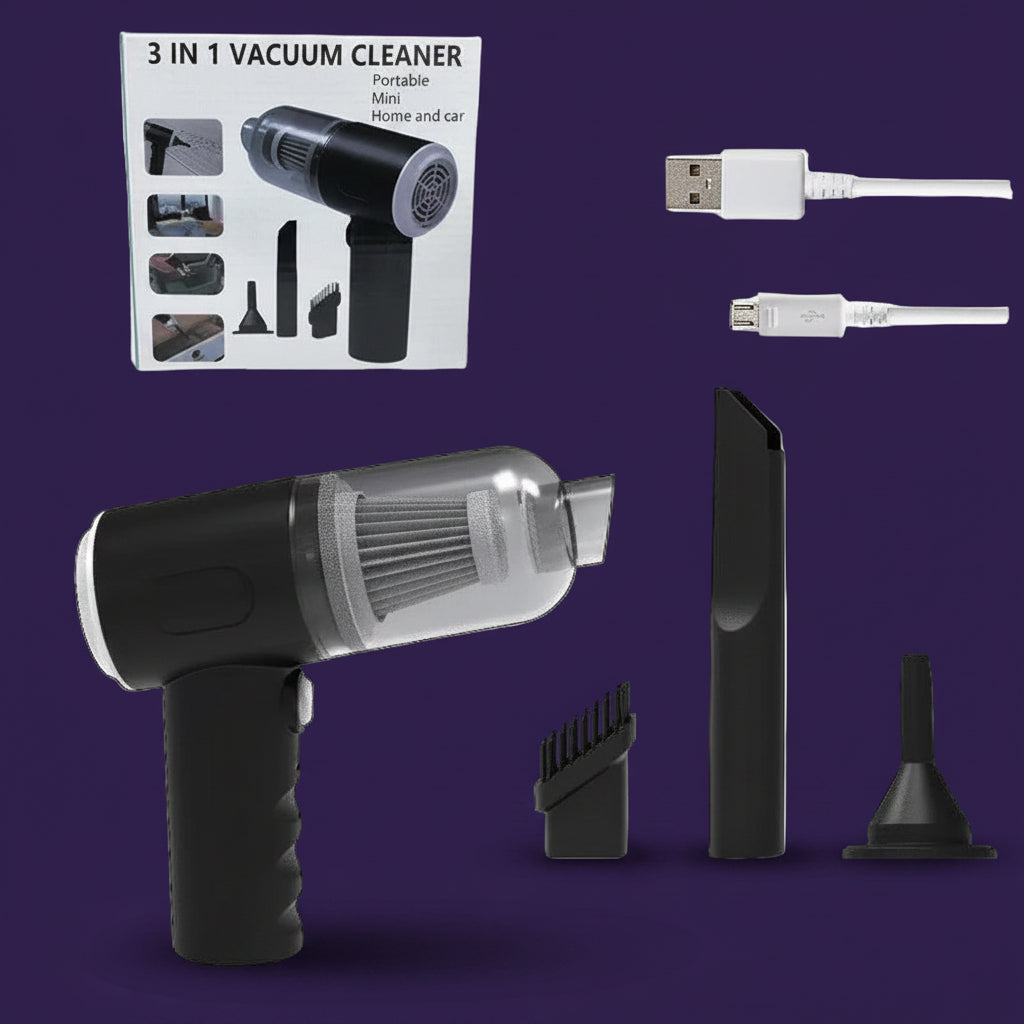 3-in-1 vacuum cleaner set with attachments and packaging on a white background