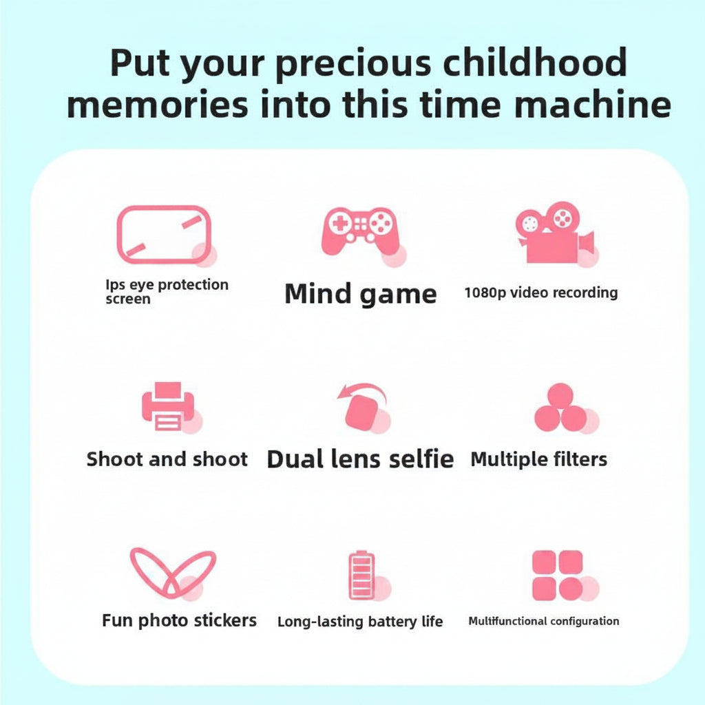 Promotional infographic for a childhood memory time machine camera, featuring pink icons and text highlighting features like an IPS eye protection screen, mind game mode, 1080p video recording, dual lens selfie, multiple filters, photo stickers, long-lasting battery life, and multifunctional configuration on a white rounded card over a light blue background.