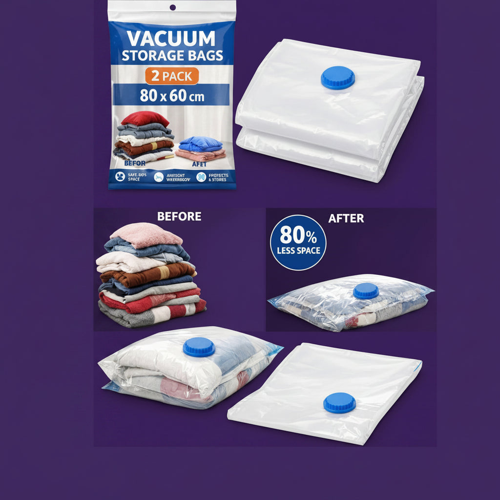 Vacuum Storage Bags 2pack 80x60cm - Space-saving compression results and valve close-up