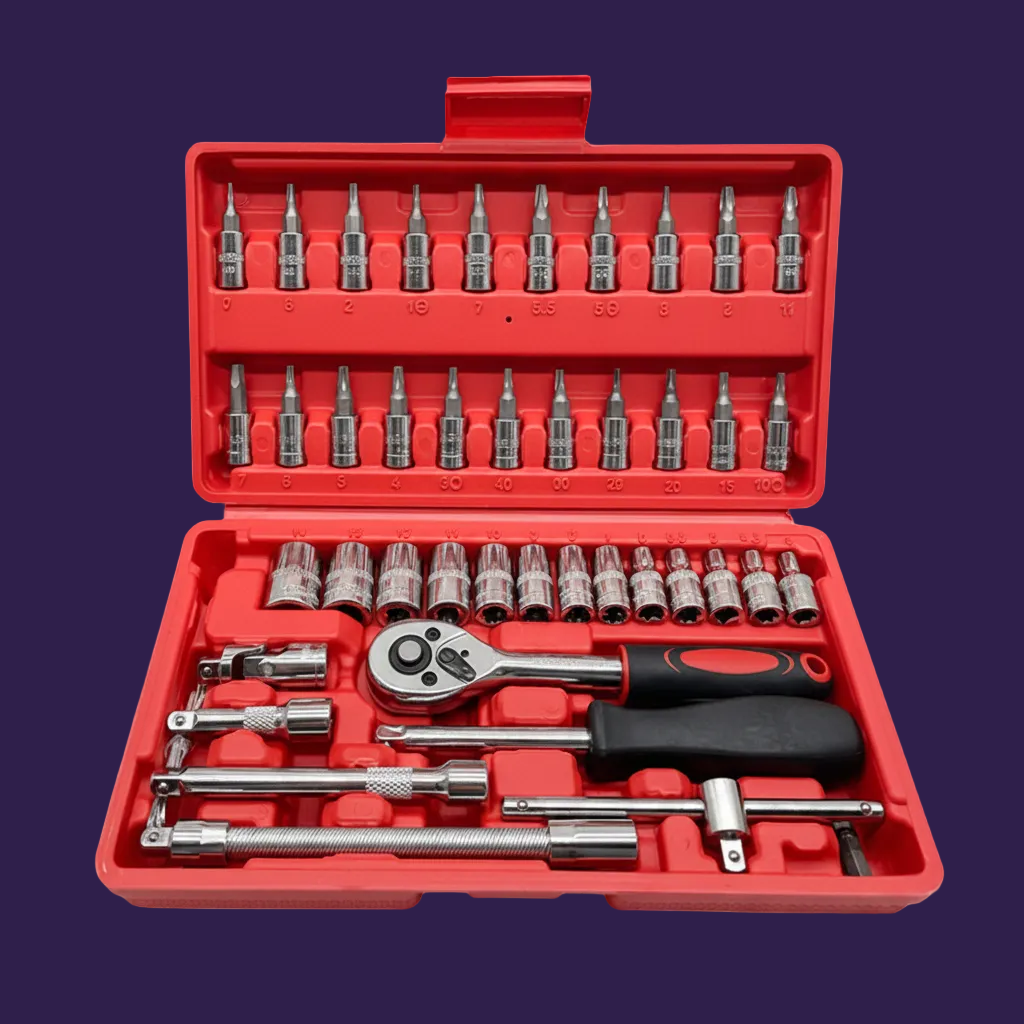 Red tool kit with various sockets and tools on a white background