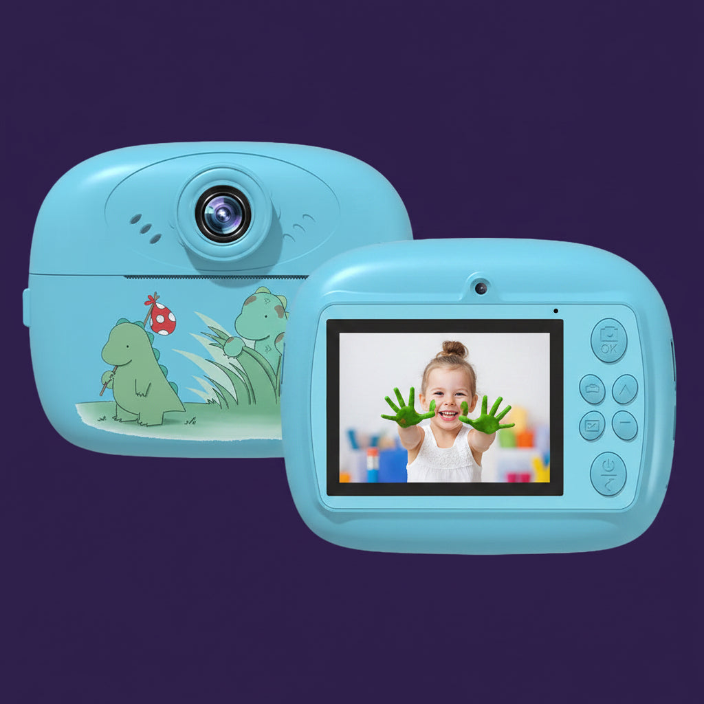 Blue children's camera with dinosaur design on a white background