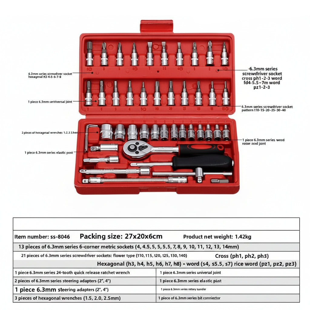 A 13-piece socket wrench set displayed in an open red plastic case, with a white information panel below showing product specifications and included parts.