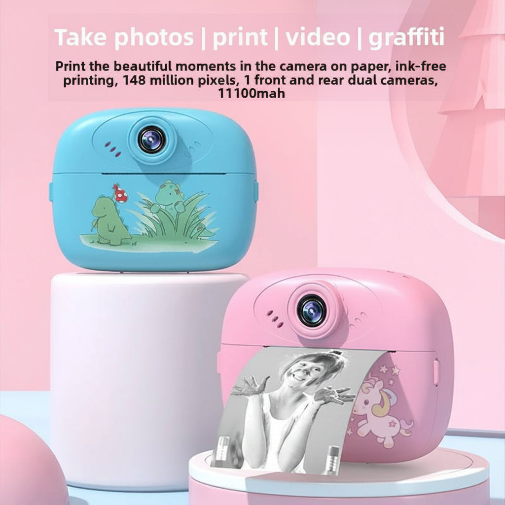 Two compact instant cameras, one light blue and one pink, displayed on white pedestals against a pastel pink background. The blue camera shows a printed cartoon nature scene, and the pink camera shows a printed photo of a woman.