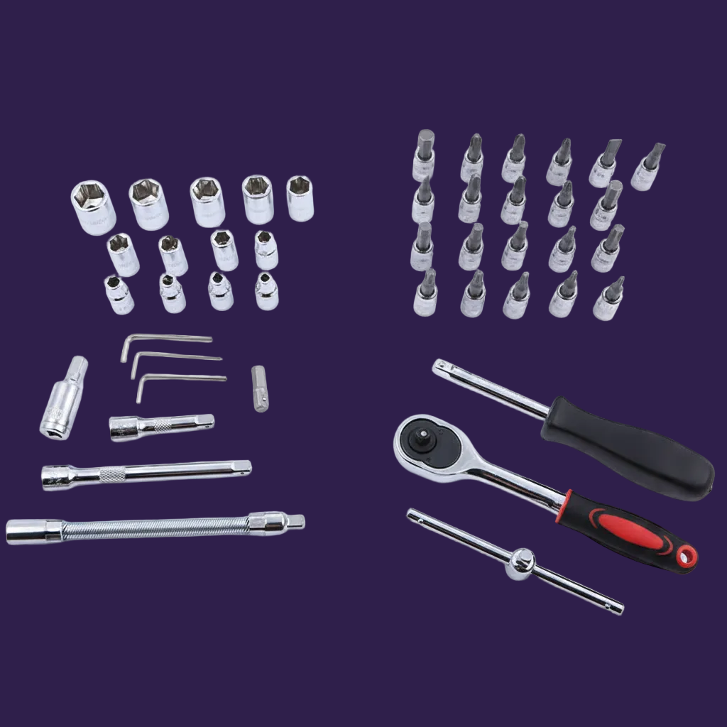 Collection of various tools including sockets, bits, and wrenches on a white background