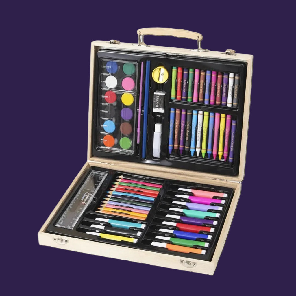 An open wooden carrying case filled with a comprehensive art and craft set, including watercolor paints, crayons, markers, colored pencils, pens, and rulers, set against a plain white background.