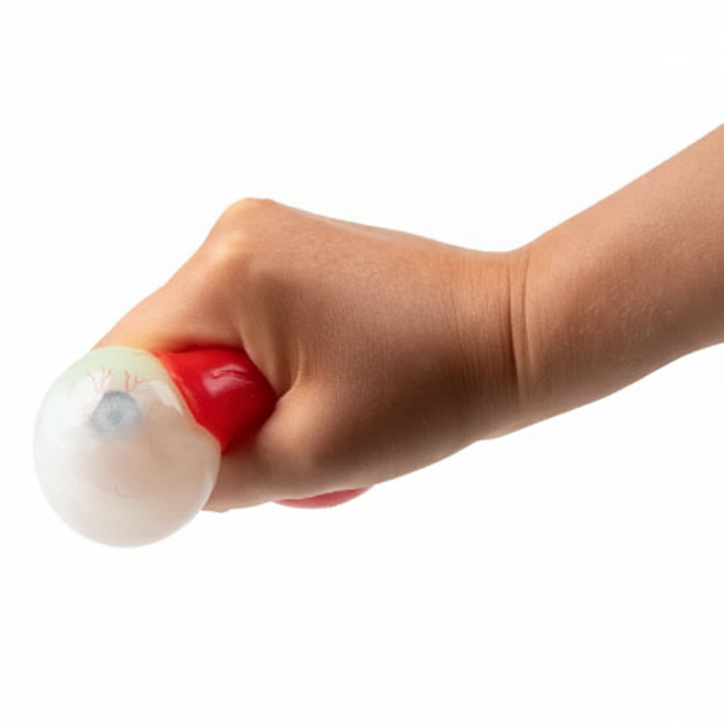 Scrunchems squishy eyeball stress relief toy being squeezed
