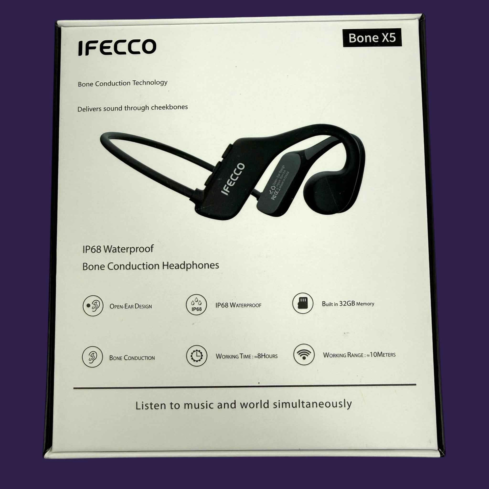 Ifecco Bone X5 bone conduction headset displayed on its white cardboard retail box