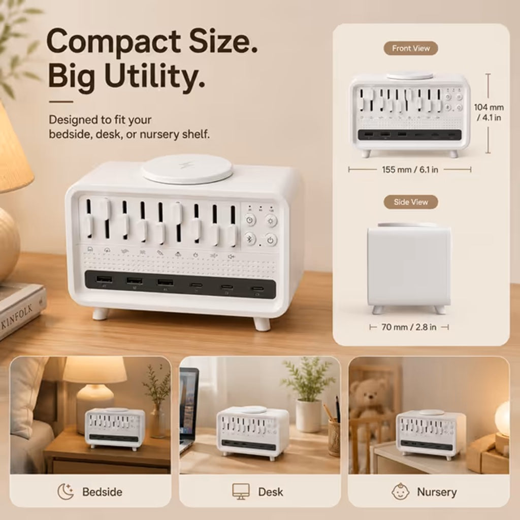 Compact White Noise Machine and 65W USB-C Station dimensions