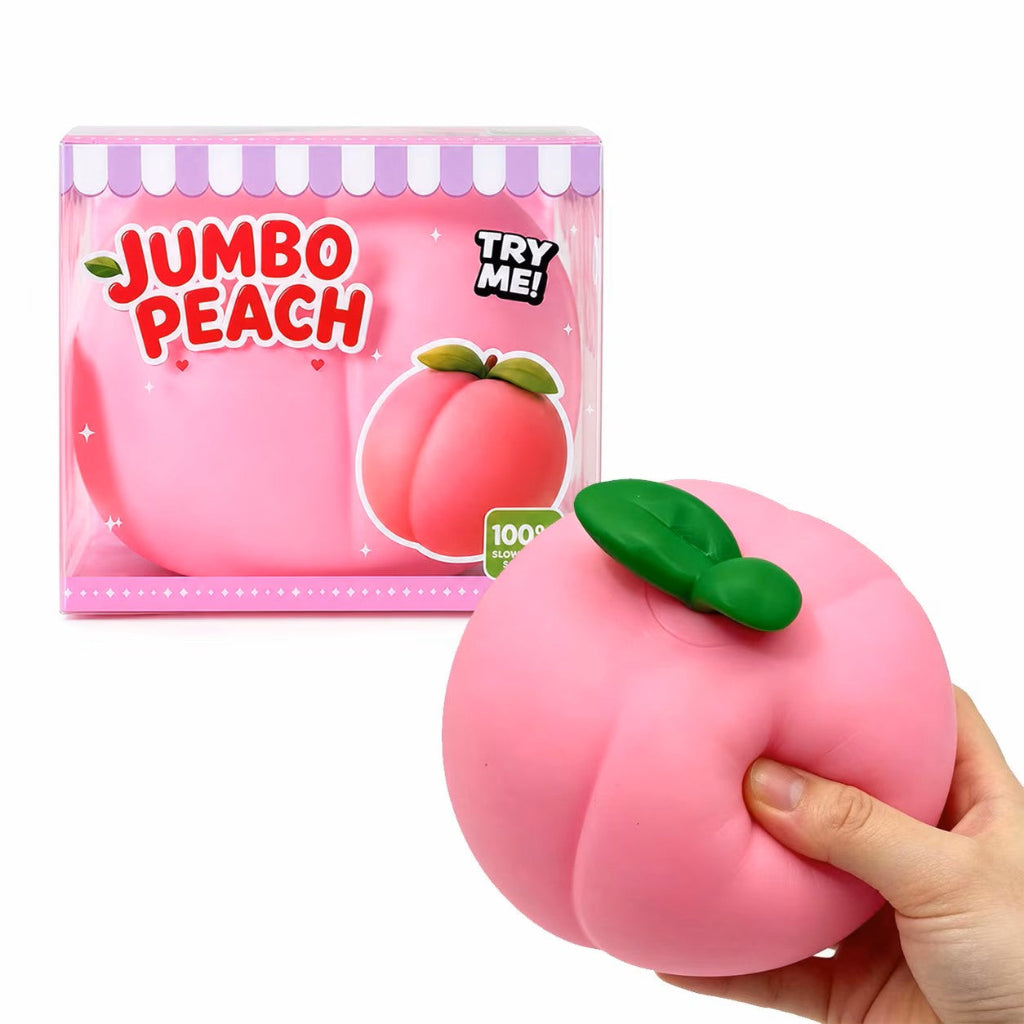 Jumbo Peach Squishy unboxed next to packaging box