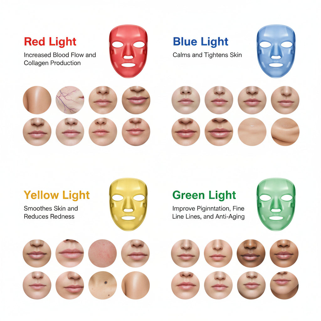 Infographic detailing skin benefits of the multi-color City Store LED Facemask