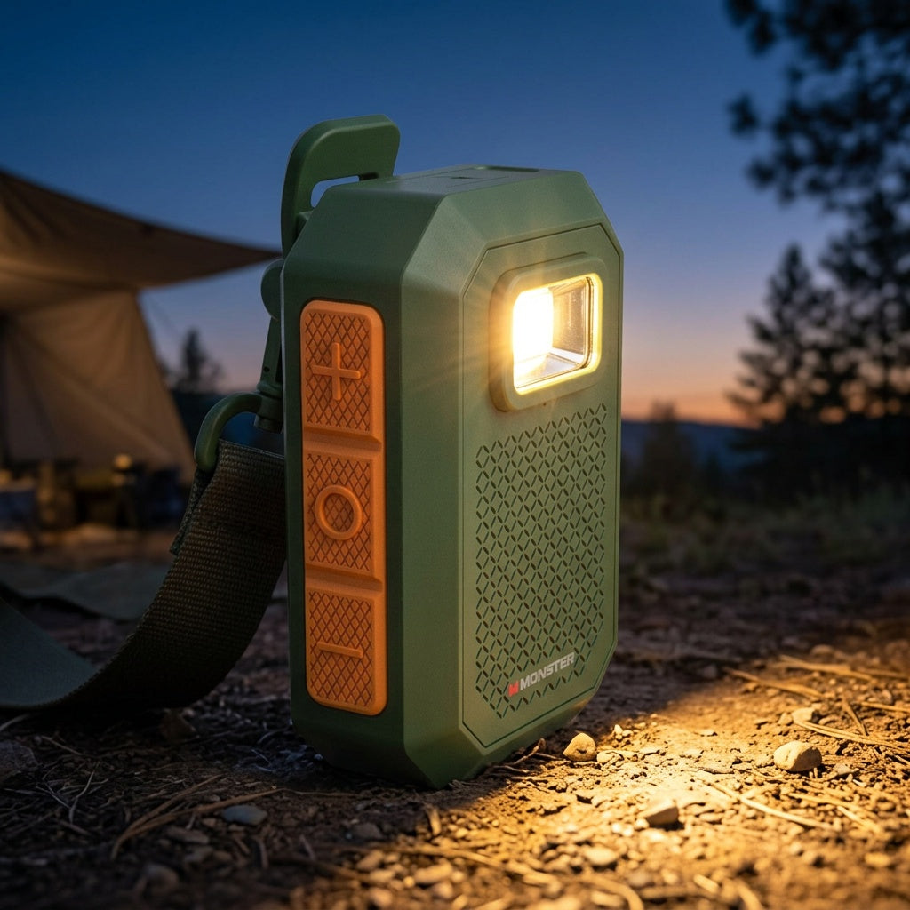 Monster AirRock X901 Magnetic Bluetooth Speaker in outdoor camping setting