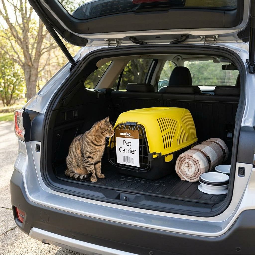 Marko yellow and black plastic pet carrier shown in a car trunk with travel accessories