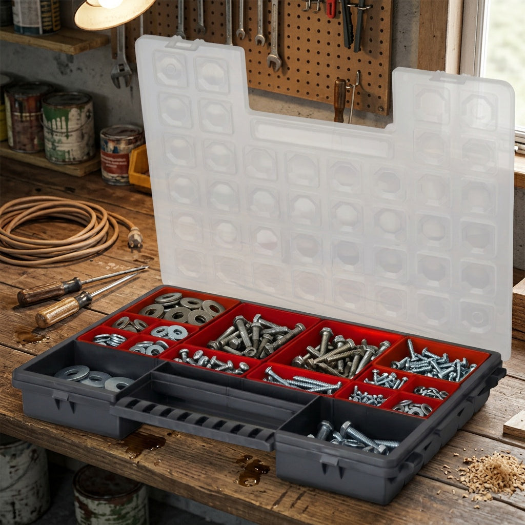 Marko Plastic Organiser Box with 27 Compartments on a workshop bench
