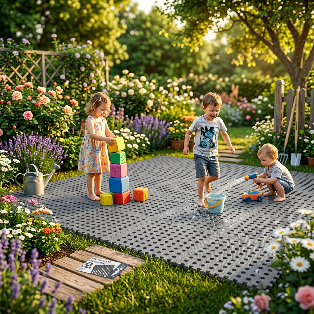 Marko Interlocking EVA Foam Floor Tiles in a garden playground setting