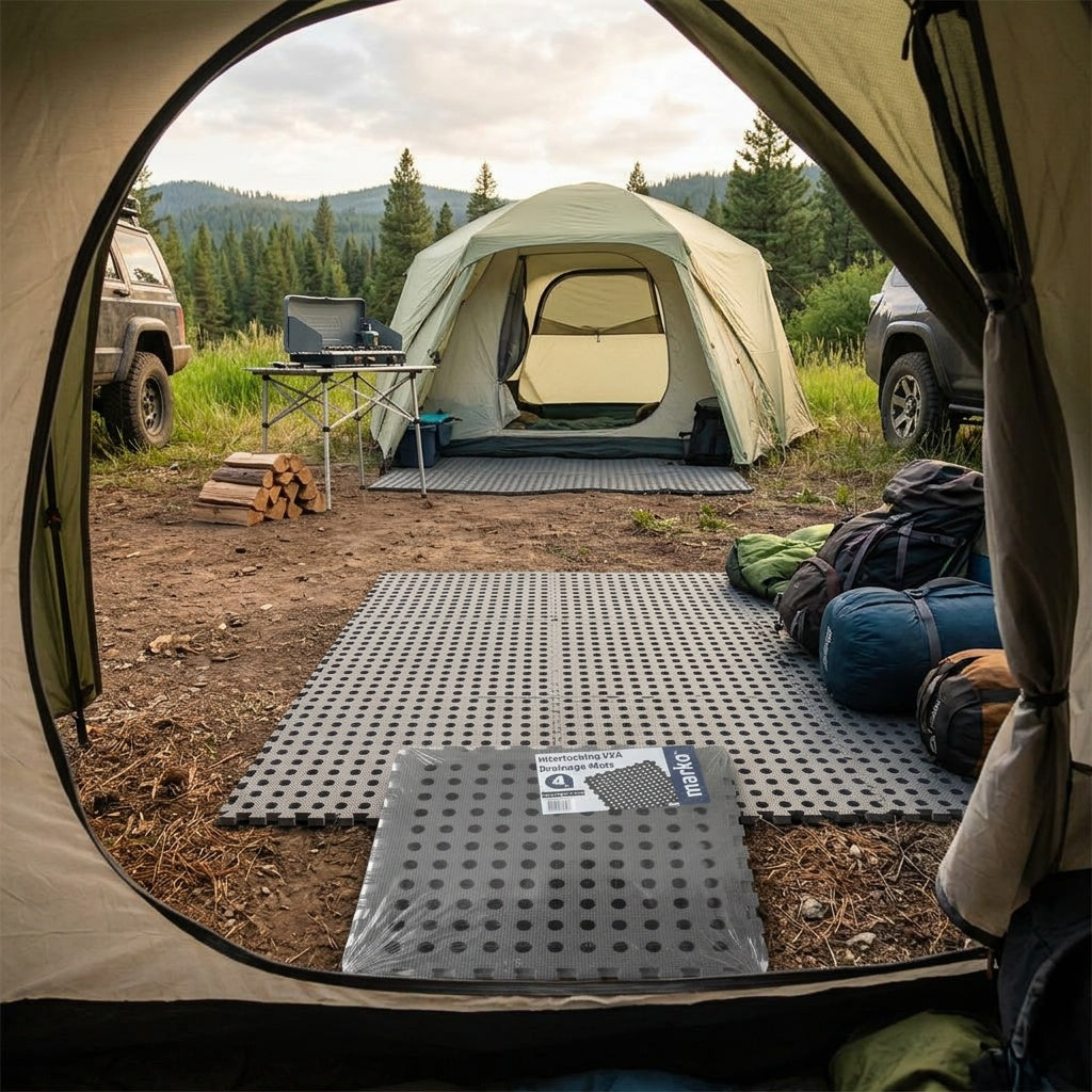 Marko Interlocking EVA Foam Drain Mats at an outdoor campsite layout