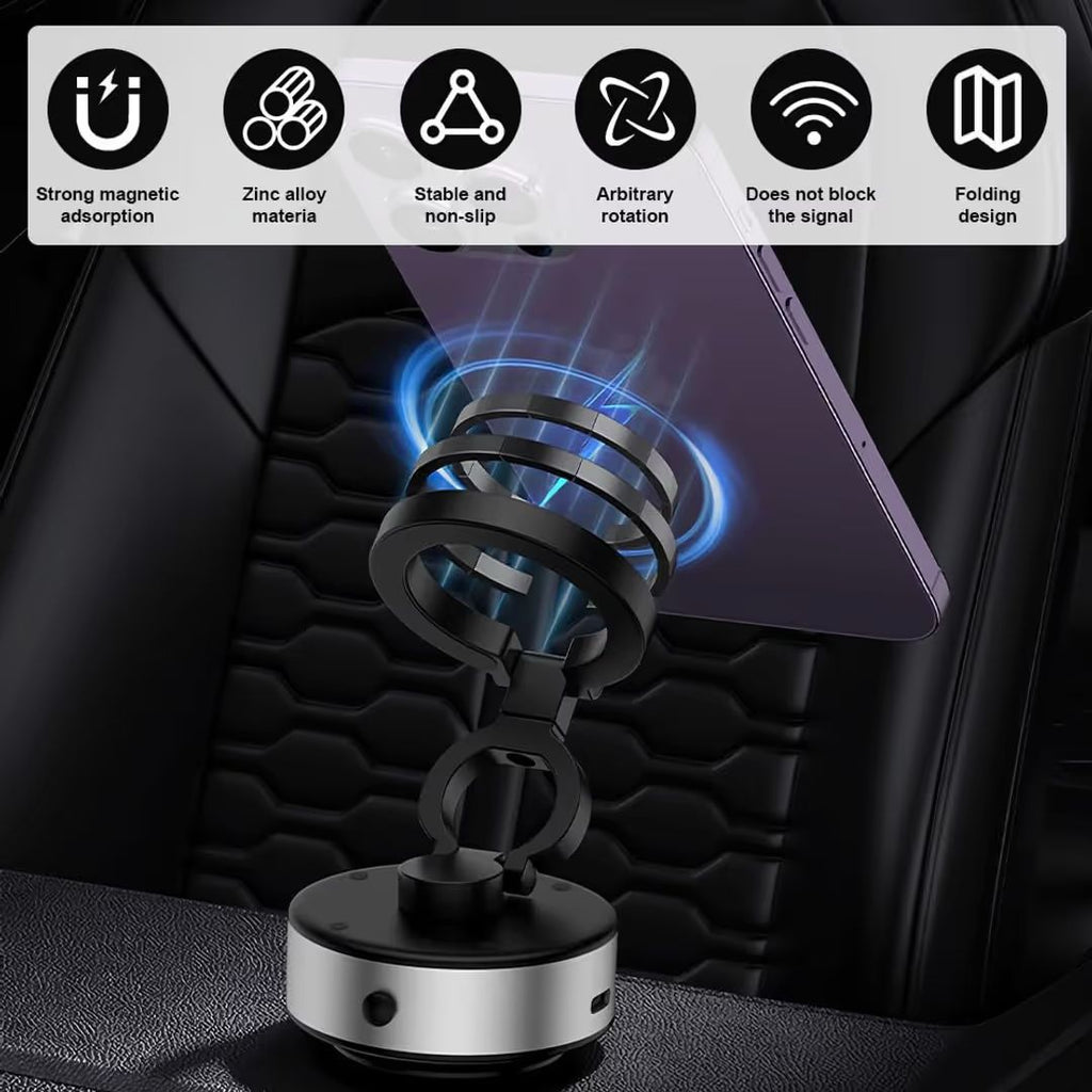 Magnetic phone mount with phone attached displaying key feature icons