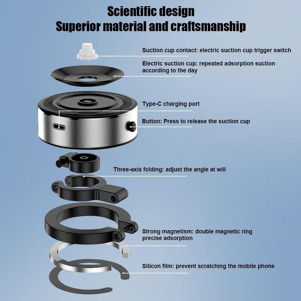 Exploded view diagram highlighting components and materials of the phone mount