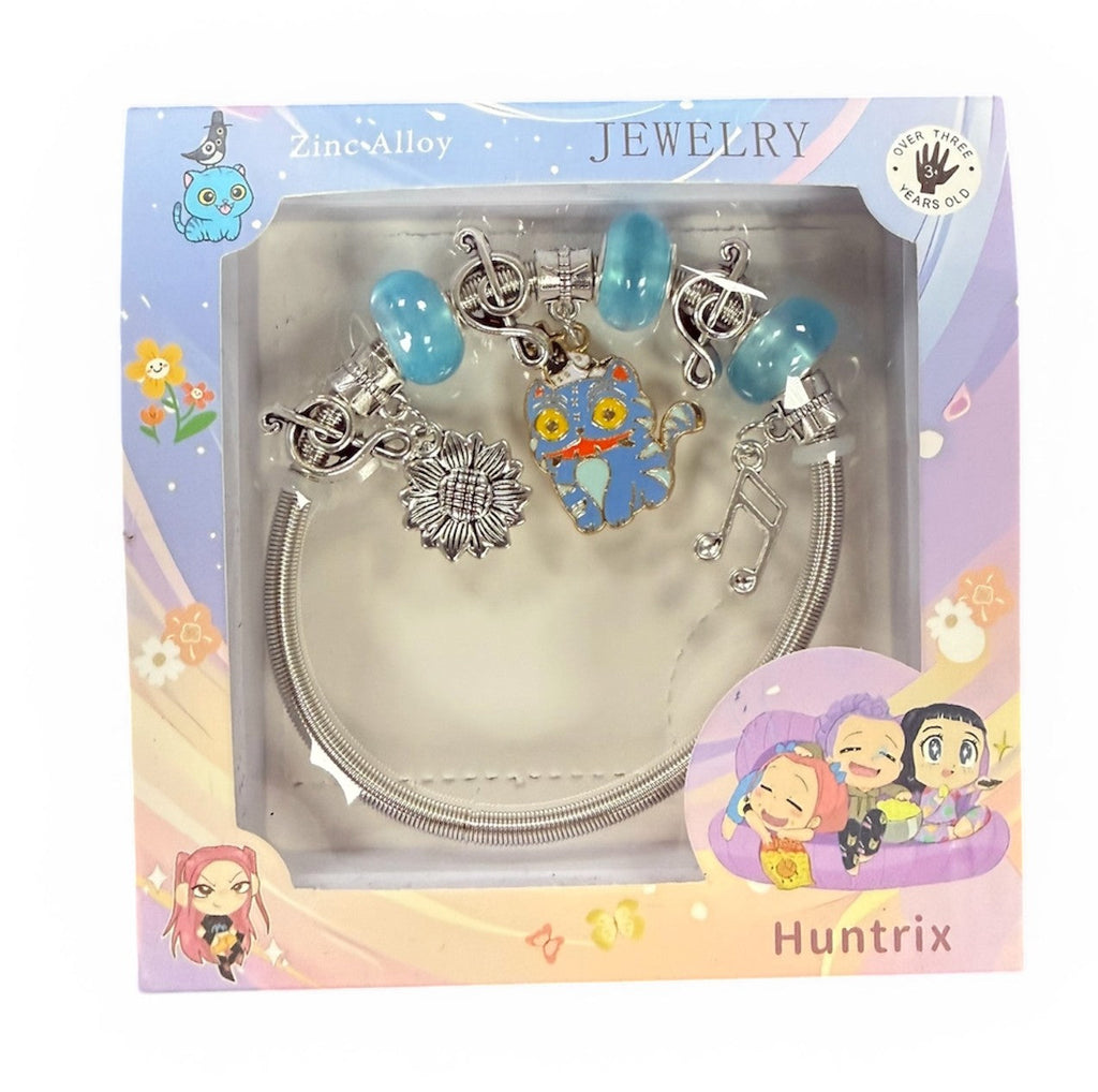 KPOP charm bracelet set with blue cat charm and sunflower in Huntrix gift box