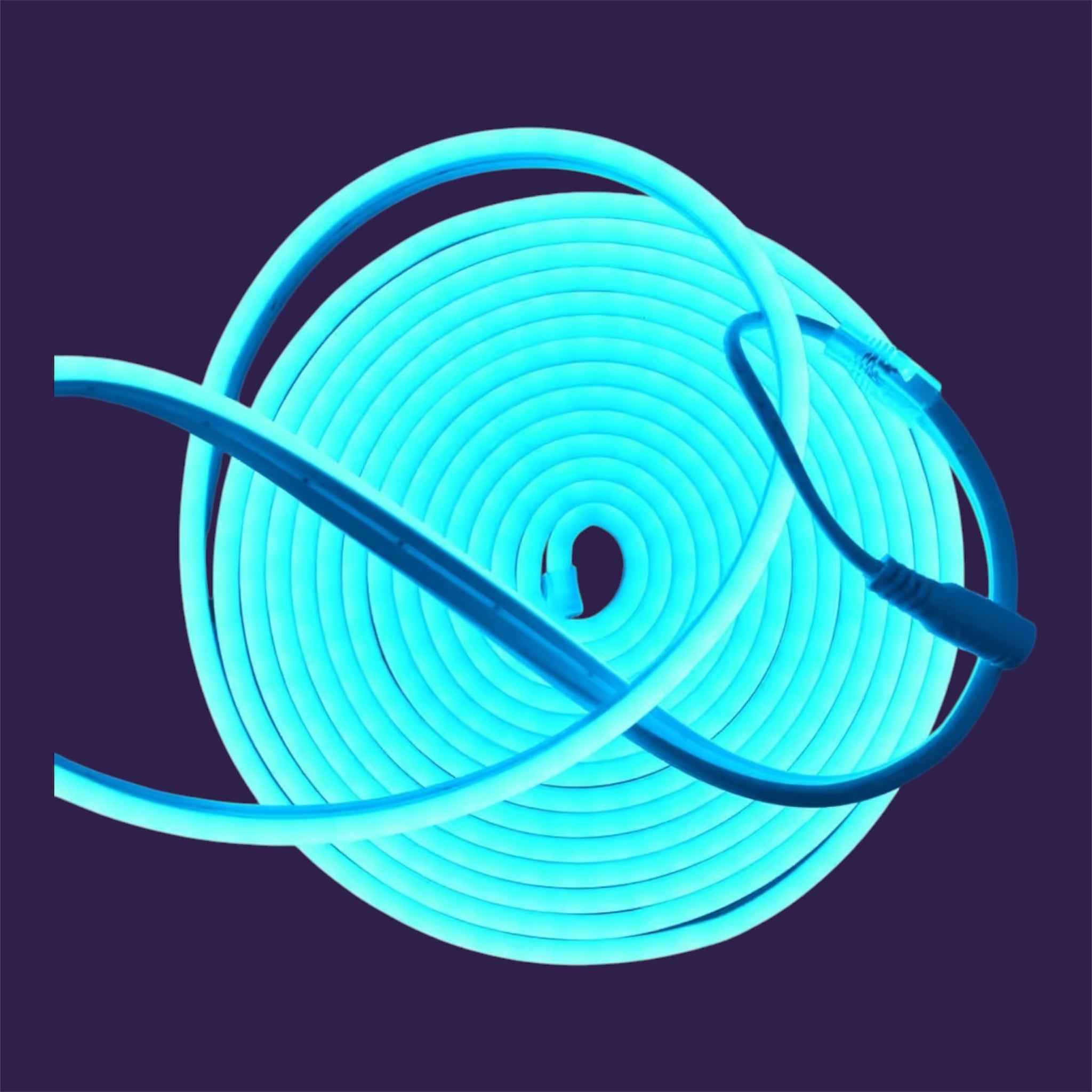 Top-down view of 5m Blue Neon LED Flexible Strip coil with power connector against a dark background