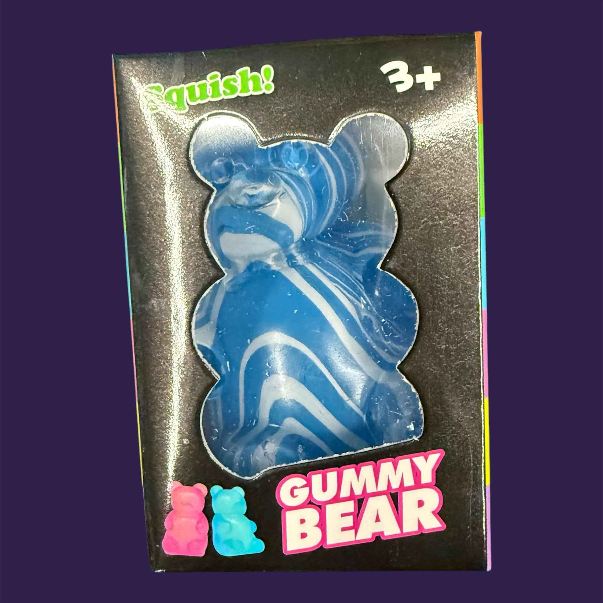 Squishy Gummy Bear - Blue and white marbled sensory stress relief toy in packaging