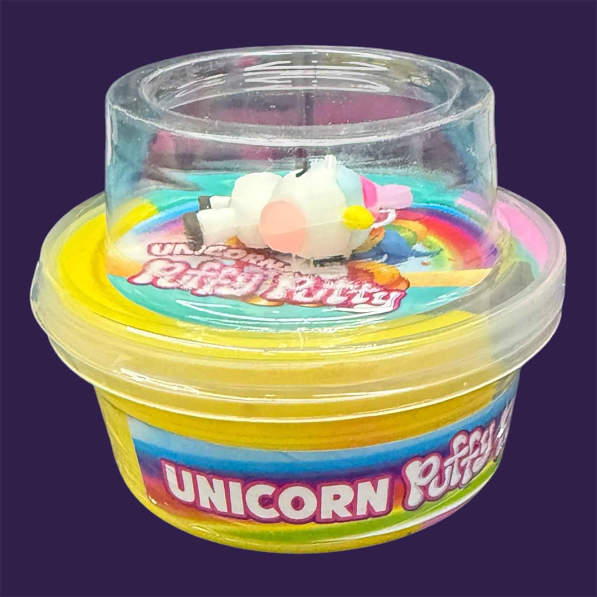 Unicorn Puffy Putty yellow tub with domed lid and mini unicorn figure