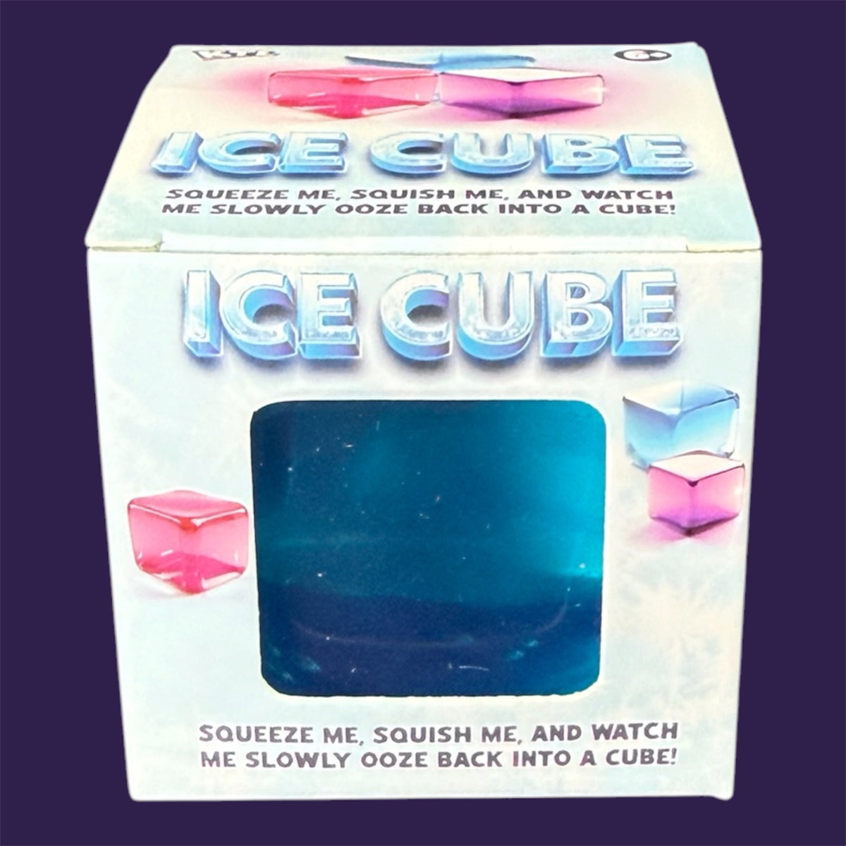 Squish Ice Cube – Retail box packaging on purple background