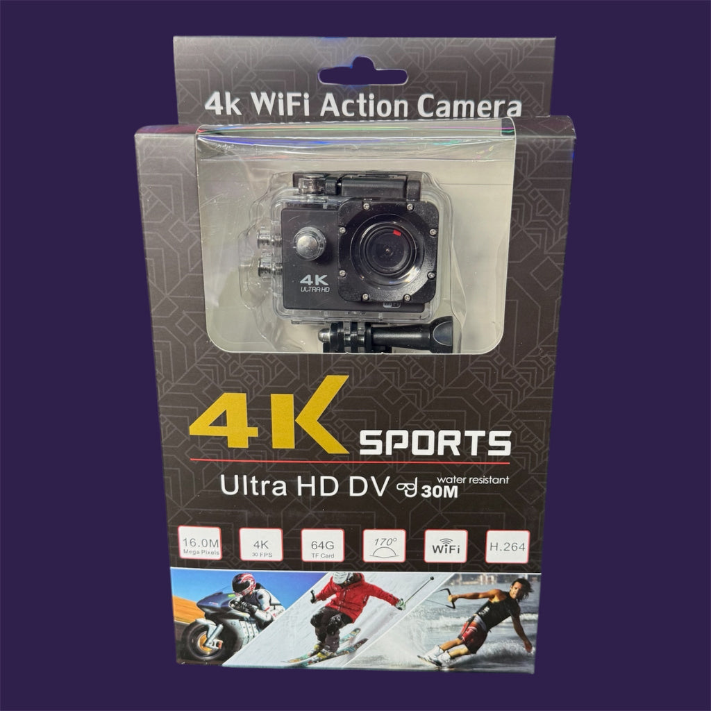 4K Ultra Action Camera Retail Packaging and Accessories
