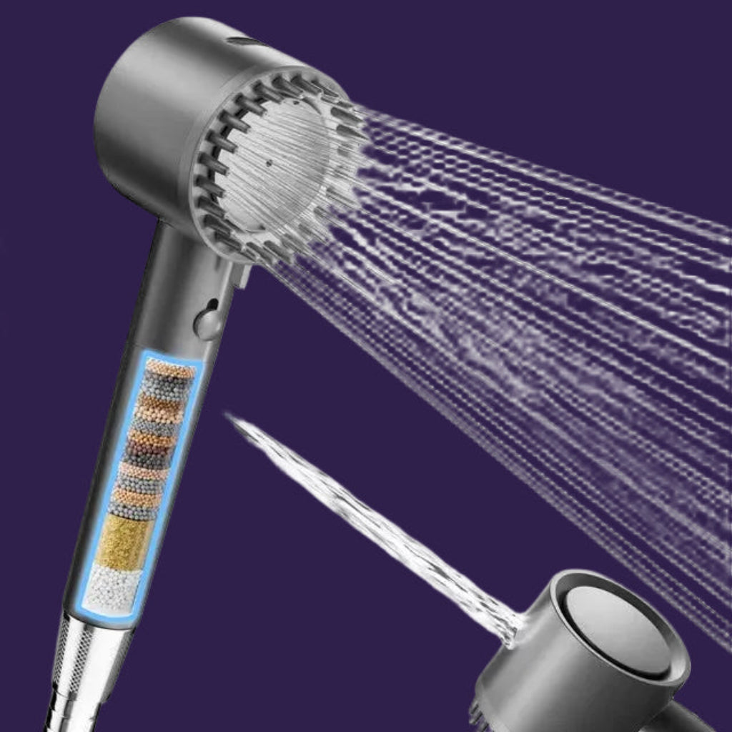 A handheld shower head with a transparent water spray demonstration and a cutaway view showing filter cartridges, set against a clean white background.