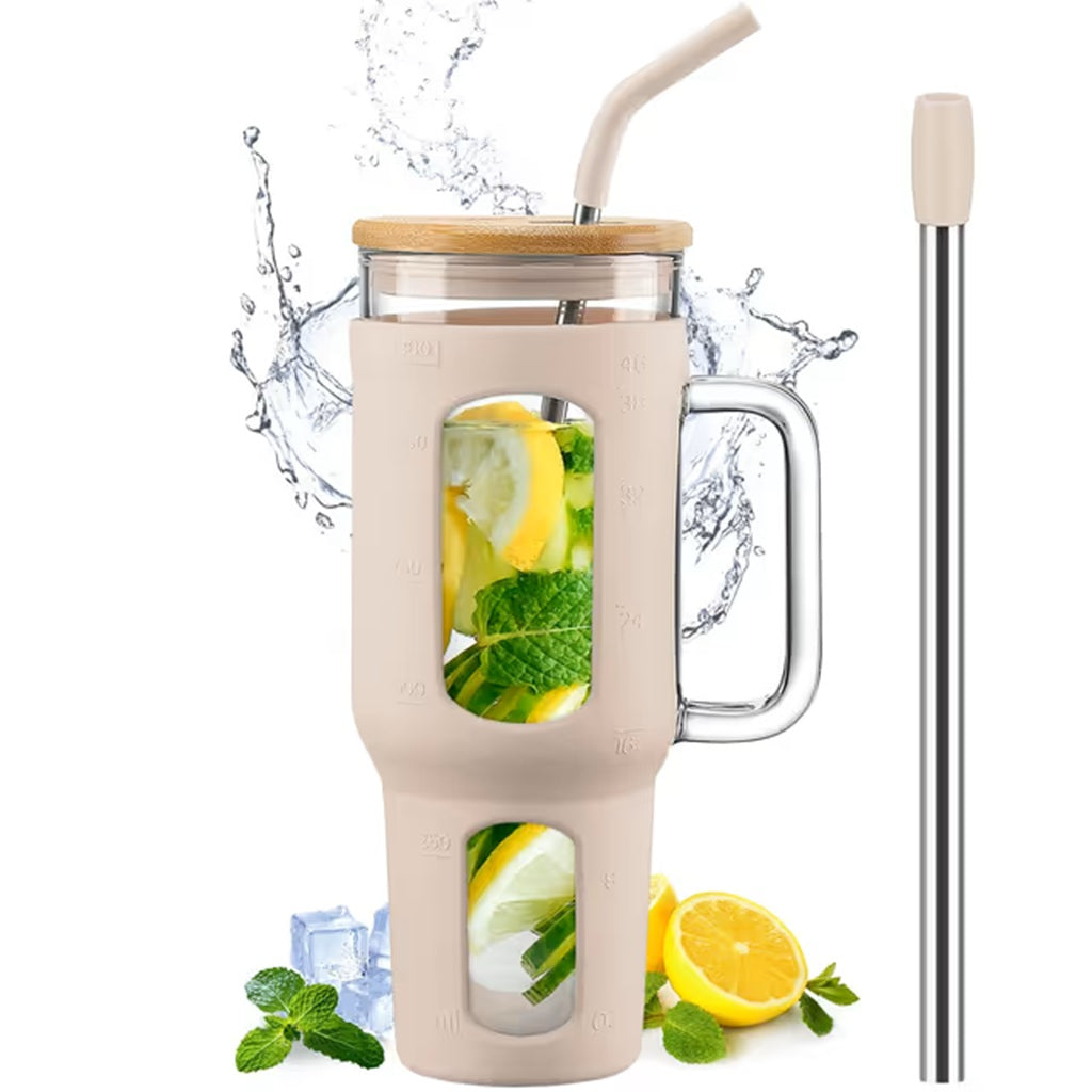 BLUEGO 1400ml Glass Tumbler with Handle - Olive Silicone Sleeve