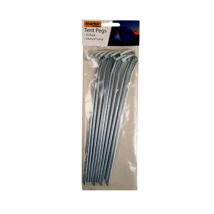 Heavy Duty Galvanised Steel Tent Pegs - Pack of 10 in clear plastic retail sleeve