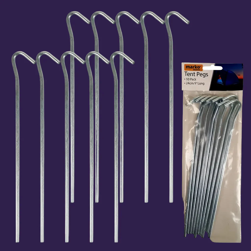 Heavy Duty Galvanised Steel Tent Pegs - 10 Pack retail packaging and loose pegs