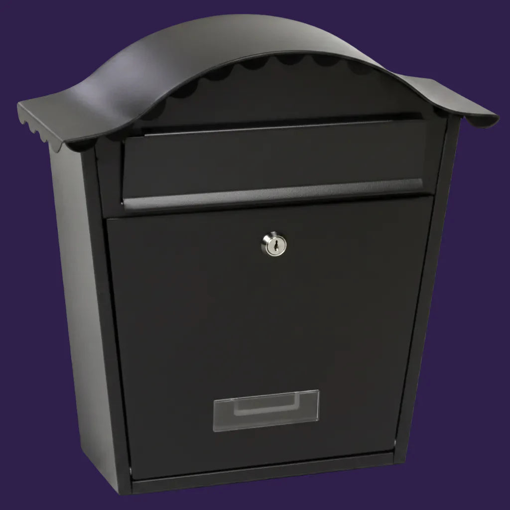 Traditional black wall-mounted post box studio product shot on a dark blue background