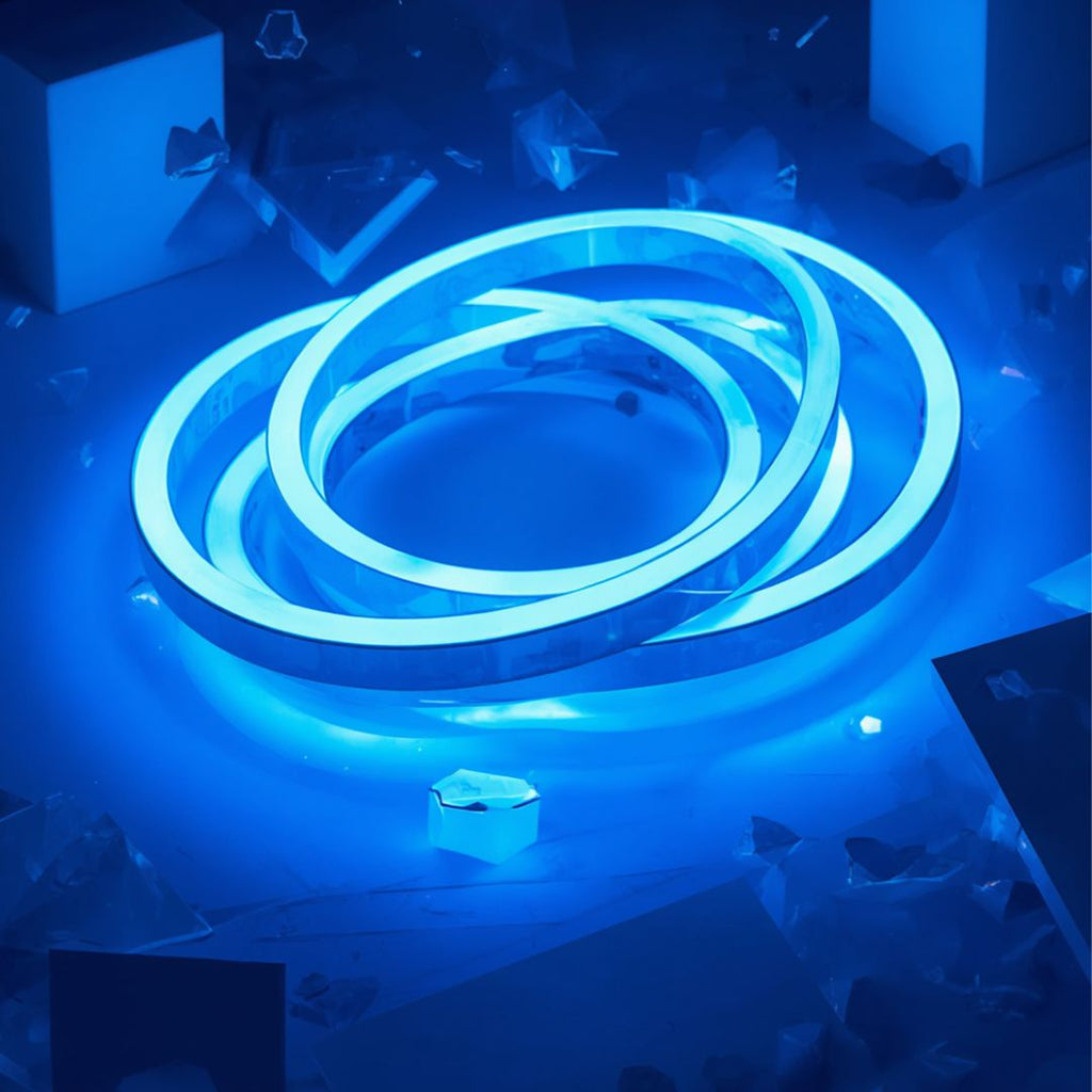 Concentric rings of glowing 5m blue neon LED strip lights in a modern creative setup