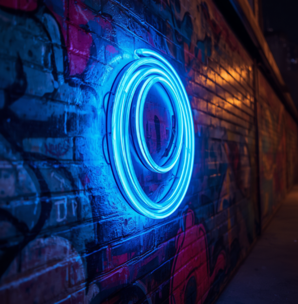 Coiled cyan blue neon LED strip light mounted on a dark brick wall backdrop
