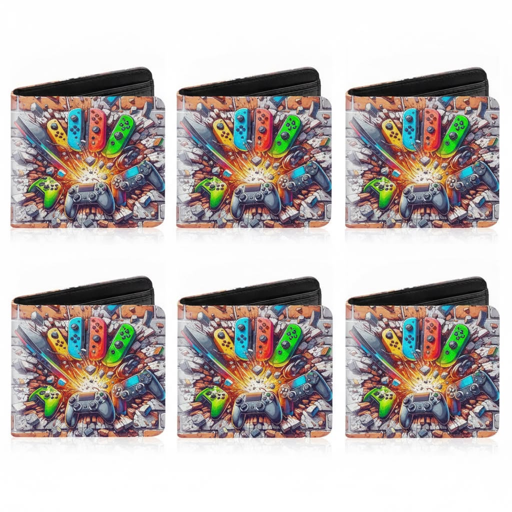 Six boys gaming bifold wallets displayed in a grid pattern