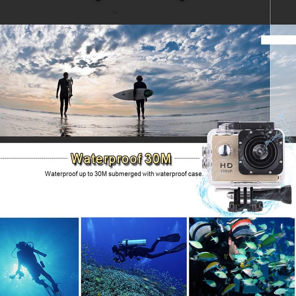 Gold Sports Action Cam in clear protective case with lifestyle action backdrops.