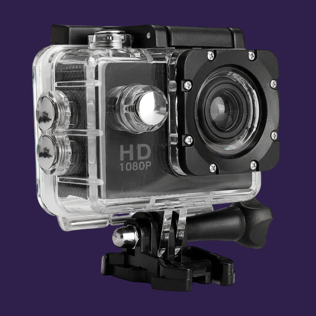 Sports Action Cam in transparent waterproof housing with black mounting bracket.