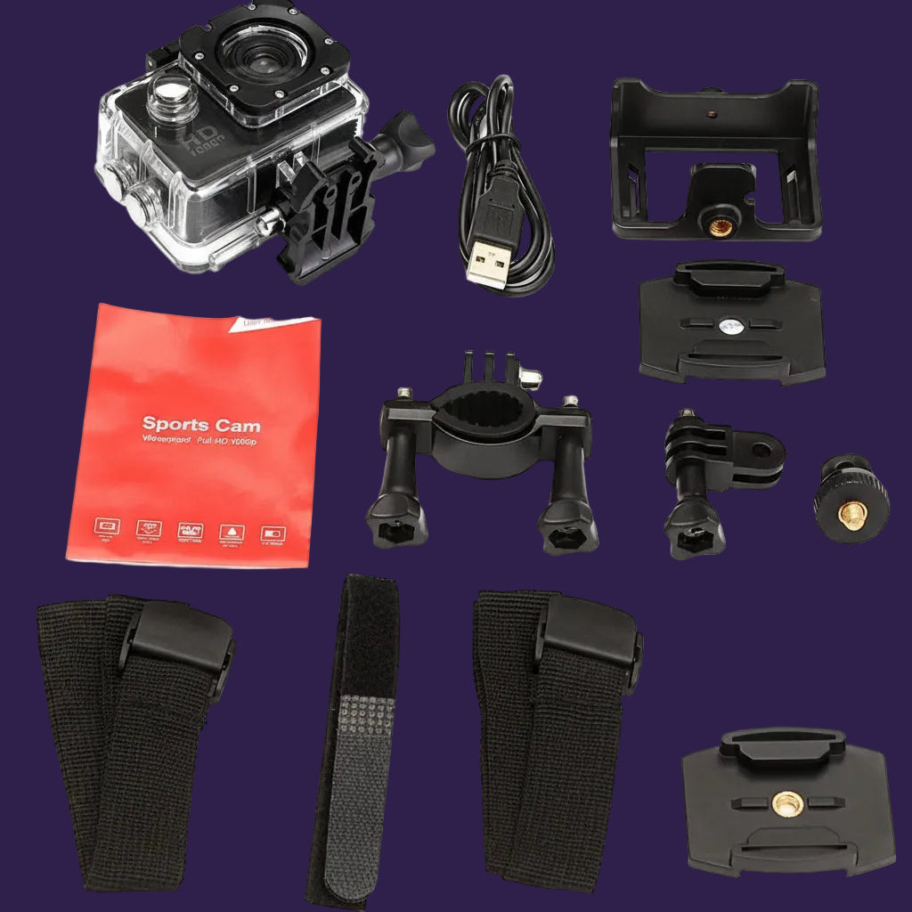 Sports Action Cam flat lay kit featuring waterproof housing, USB charger, and mounting accessories.