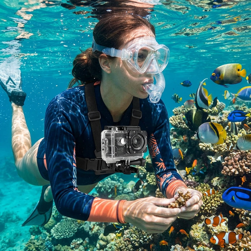 Sports Action Cam in waterproof casing worn on chest harness underwater with tropical fish.
