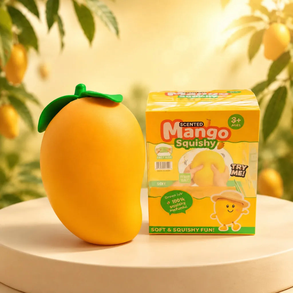 Jumbo Mango Squishy on display stand